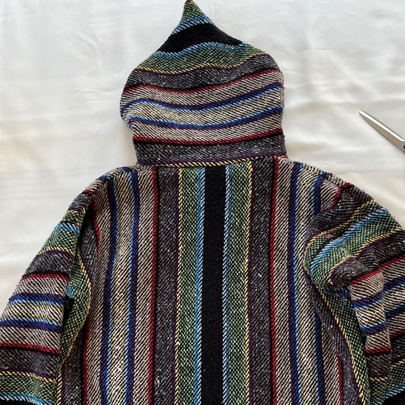 MOLINA Vintage Mexican Baja Blanket Drug Rug Hoodie Grey Green Surfer Poncho M - Picture 10 of 11
